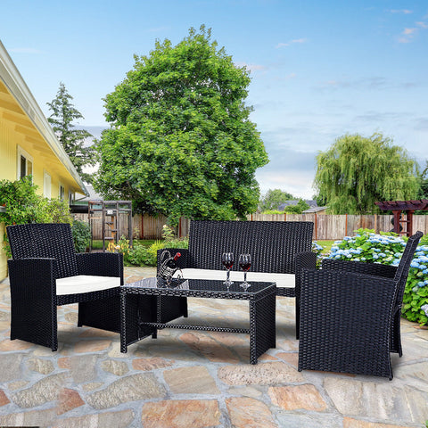 Costway 4 Pc Rattan Patio Furniture Set Garden Lawn Sofa Wicker Cushioned Seat Black