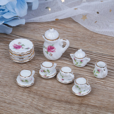 15PCS  1/12 Miniature doll house pink Flower Patten Porcelain Coffee Tea Cups Ceramic Tableware Dollhouse Kitchen Accessories