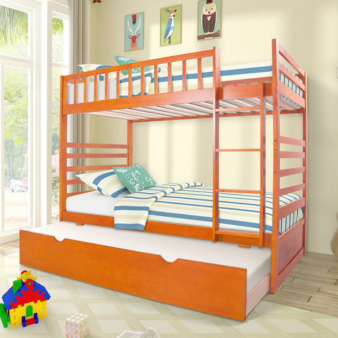 Solid Wood Twin Over Twin Bunk Bed with Trundle End Ladder in Oak Space-Saving Bed Frame for Kids with Ladder and Safety Rail